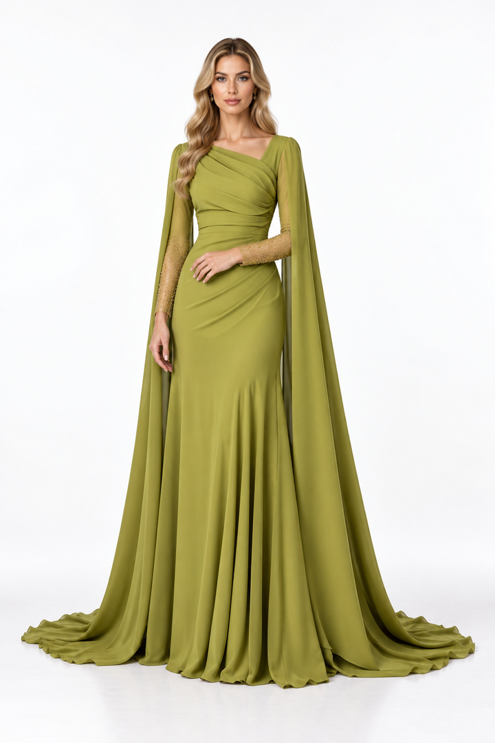 Draped Cape Sleeve Evening - Olive