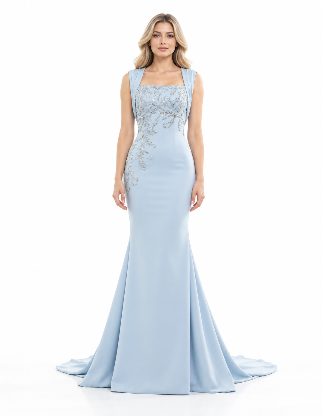 Embellished Square Neck Fishtail Maxi Dress – Elara