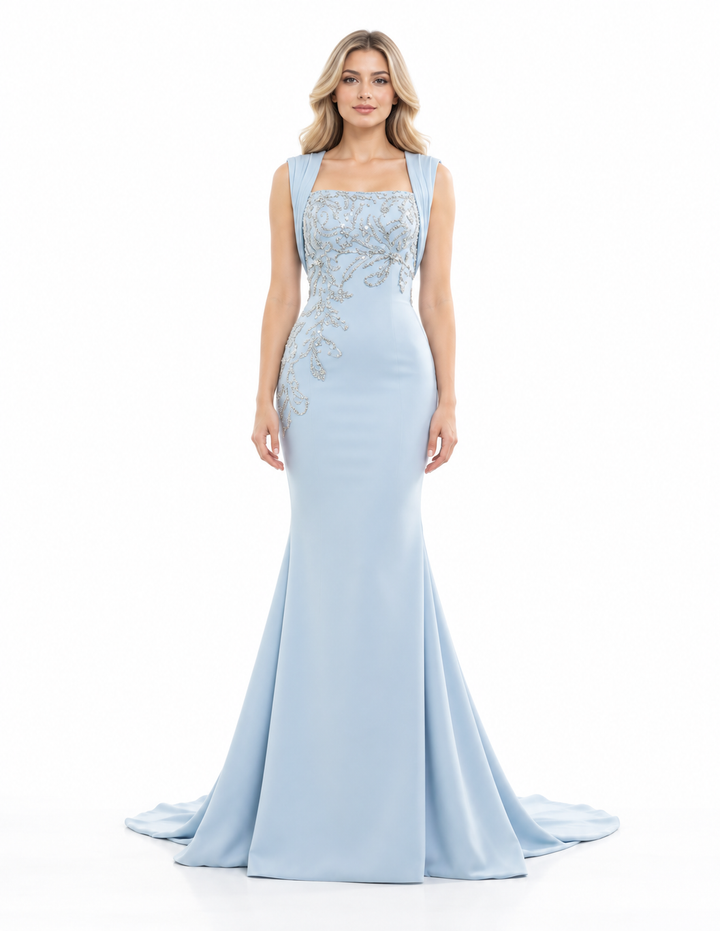Embellished Square Neck Fishtail Maxi Dress – Elara