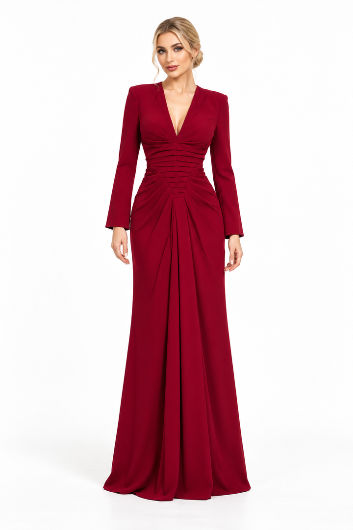 Ruched V-Neck Long Sleeve Evening Gown - Valenza