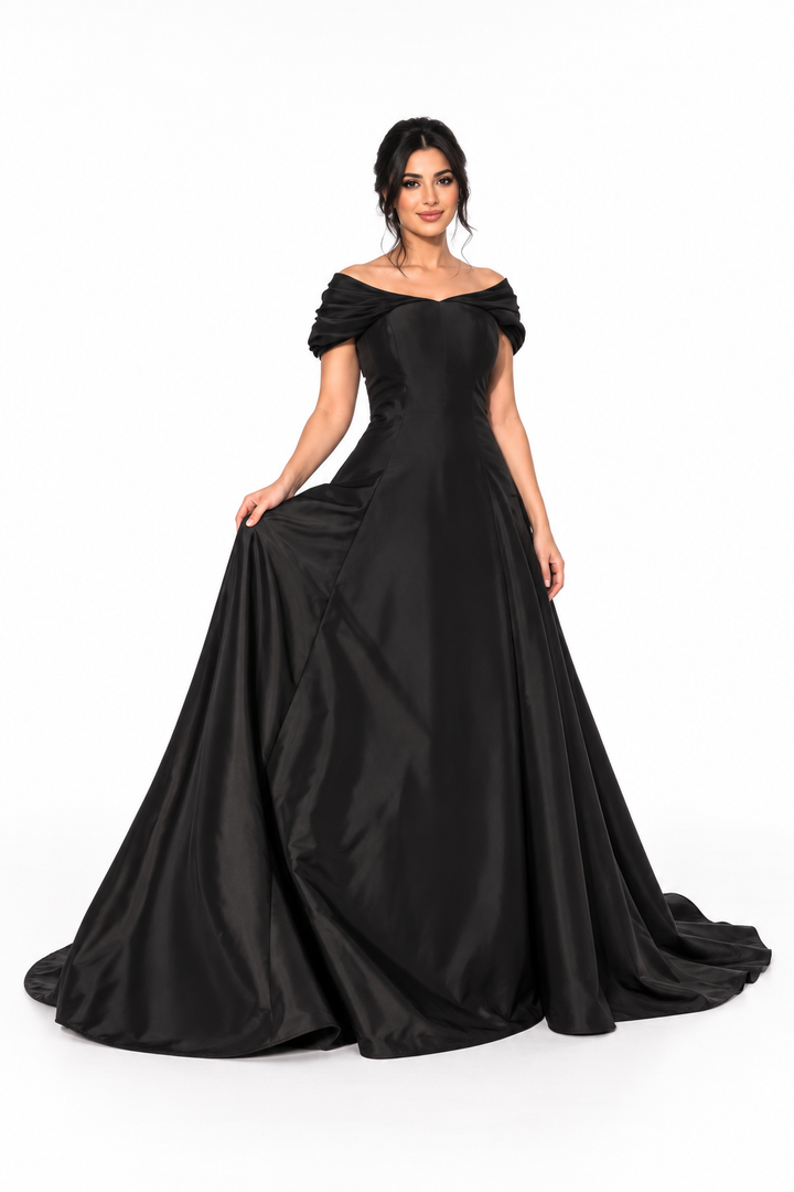 Draped Off-Shoulder Satin Evening - Obsidia