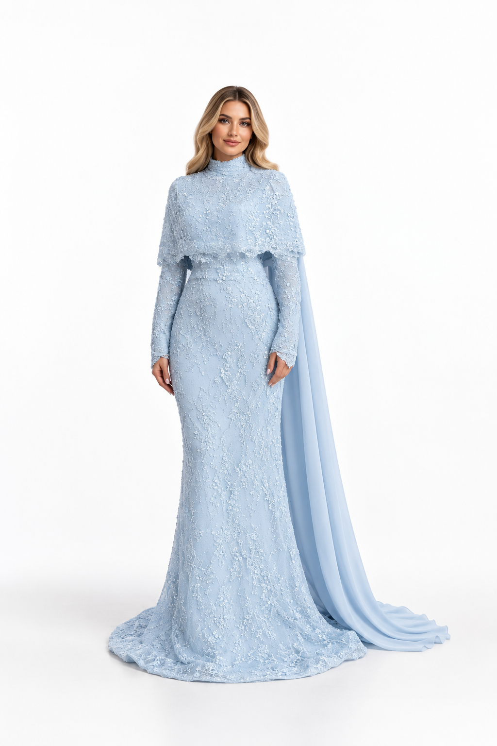 Embellished Cape Gown with Draped Train - Velmora