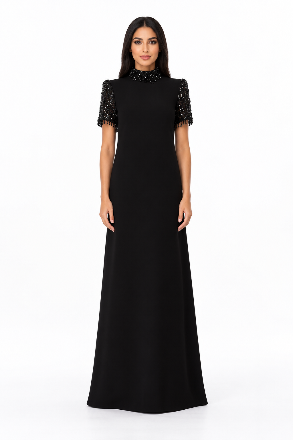 Embellished High Neck Short Sleeve Maxi Dress – Noirelle