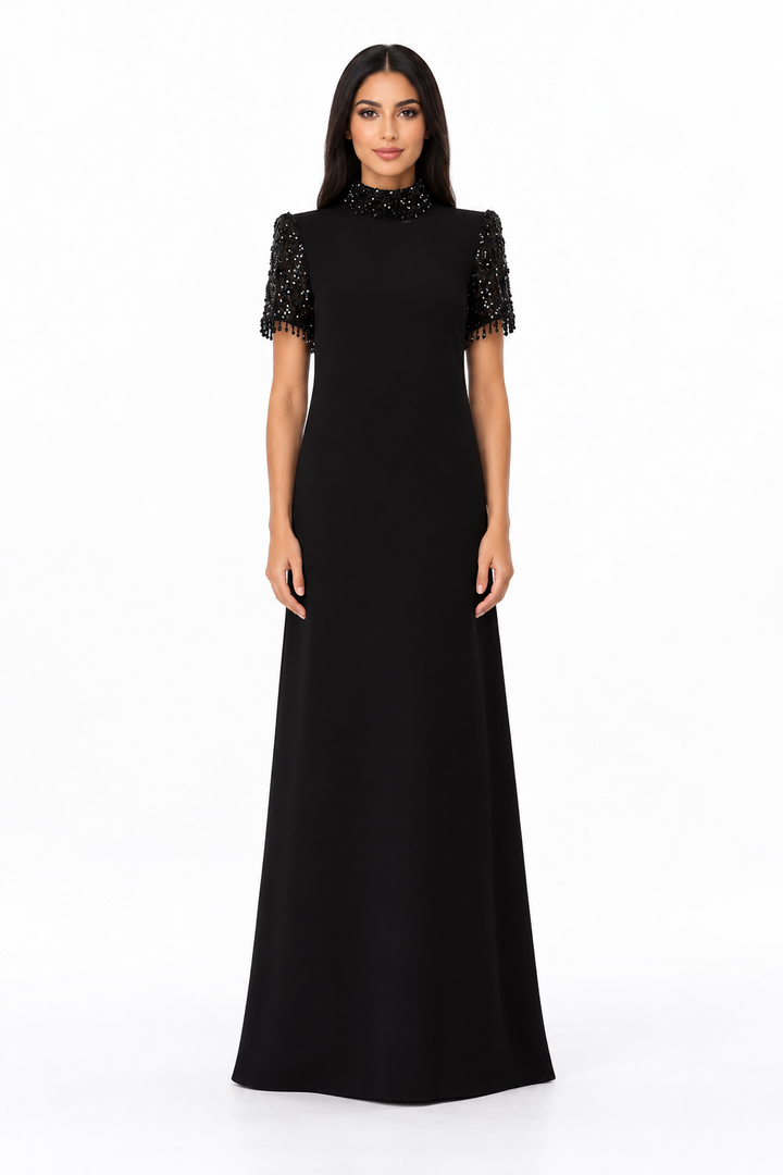 Embellished High Neck Short Sleeve Maxi Dress – Noirelle