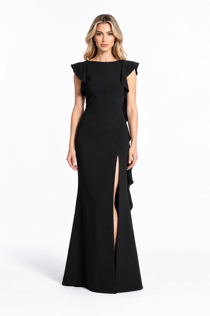 Black Ruffle Shoulder Slit Maxi Dress - Vivienne