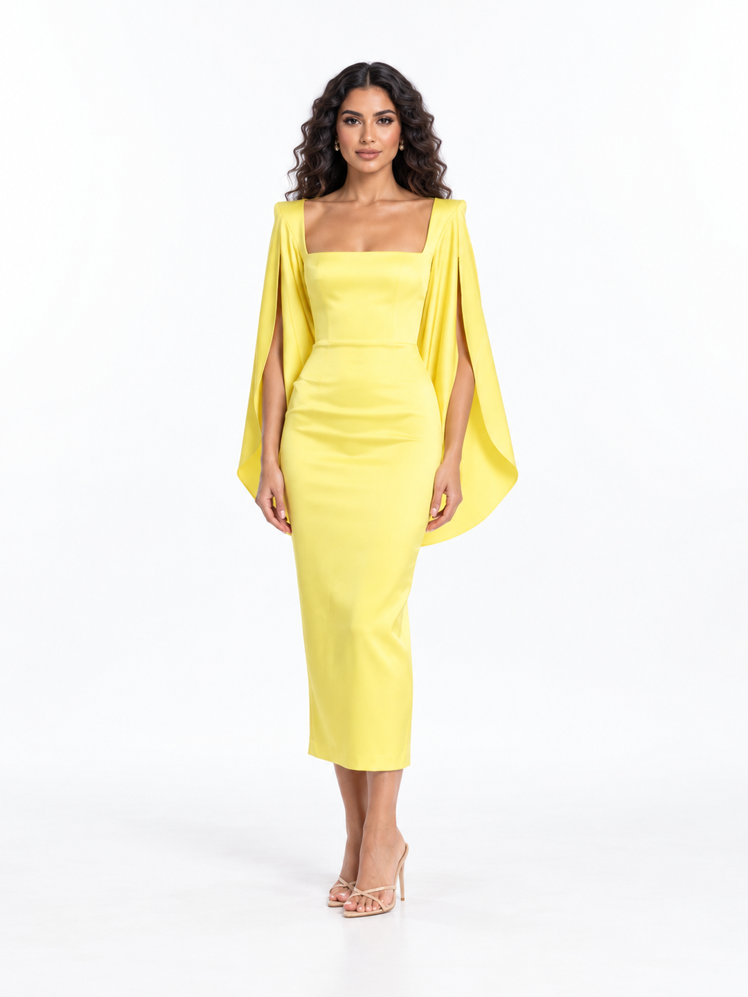 Square-Neck Cape Sleeve Midi Dress - Solenya