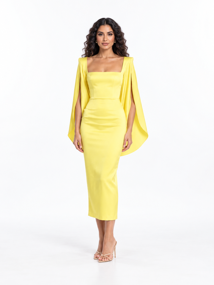 Square-Neck Cape Sleeve Midi Dress - Solenya