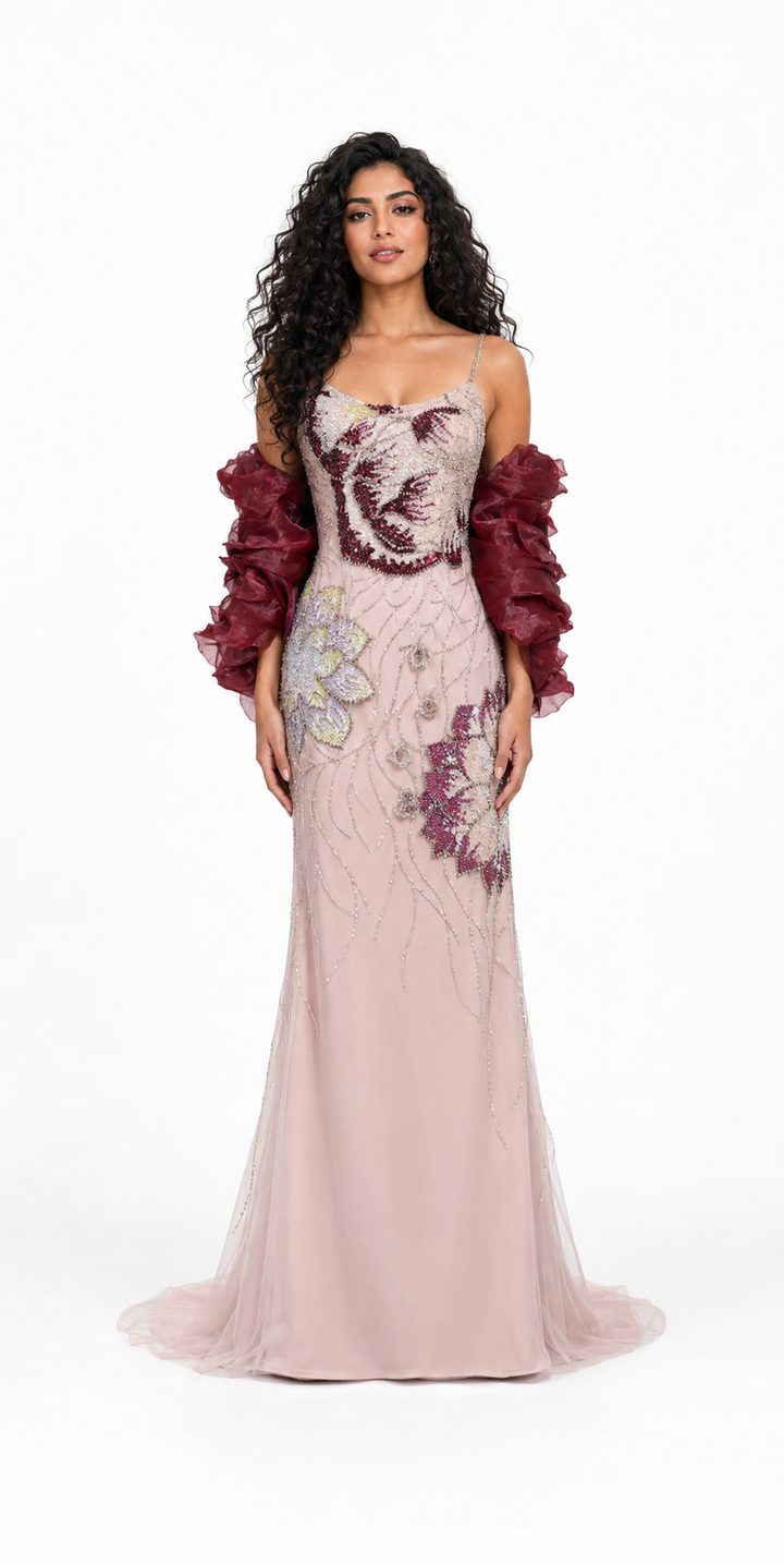 Blush Floral Embellished Ruffle Sleeve Gown – BLOSSOM