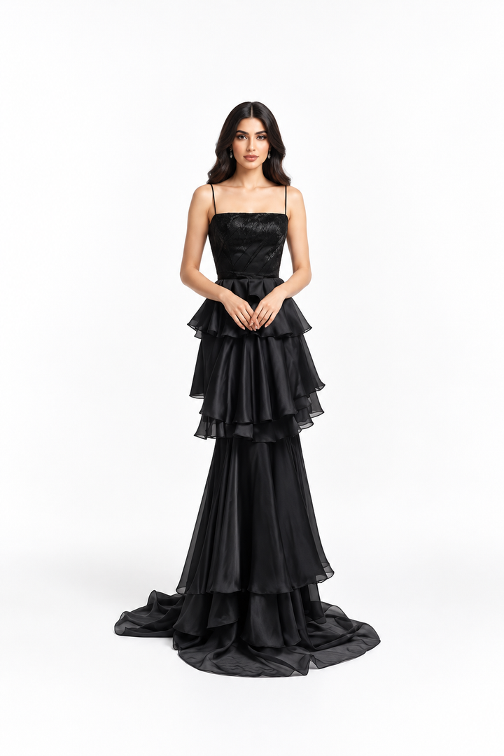Tiered Ruffle Satin Evening - Nocturne