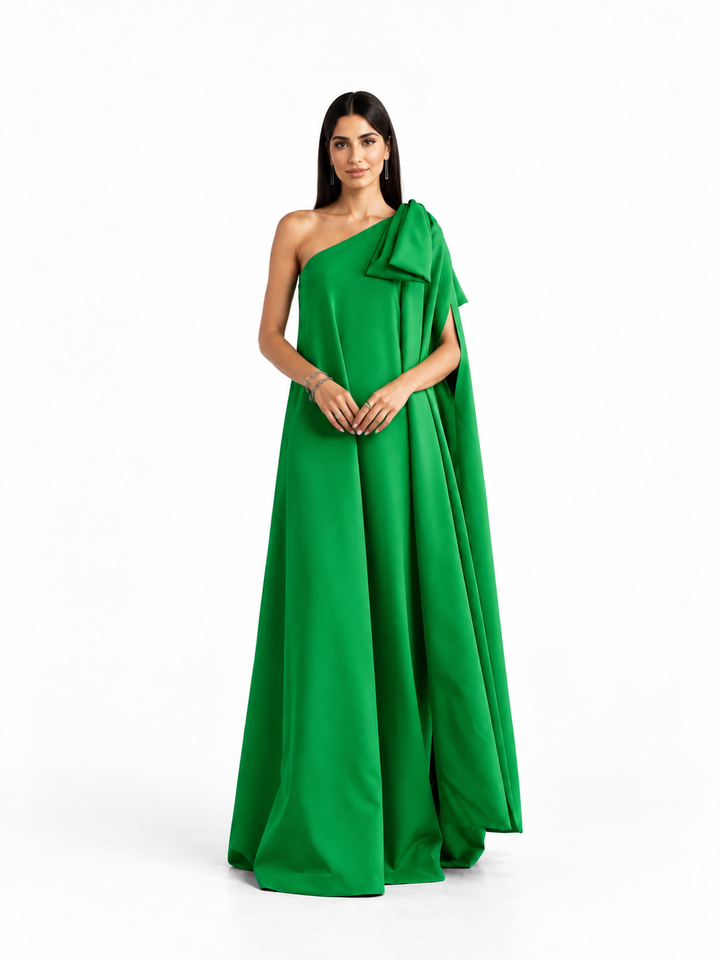 Emerald Green One-Shoulder Bow Cape Maxi Dress - Esmeralda