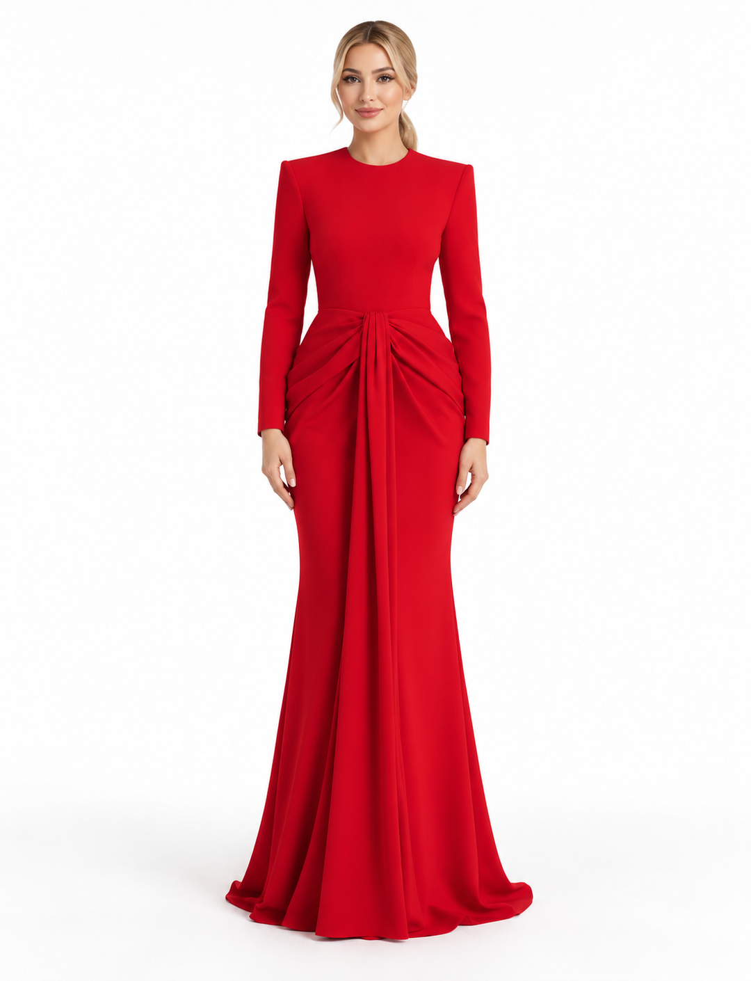 long-sleeve gown with front draped knot – RUBY