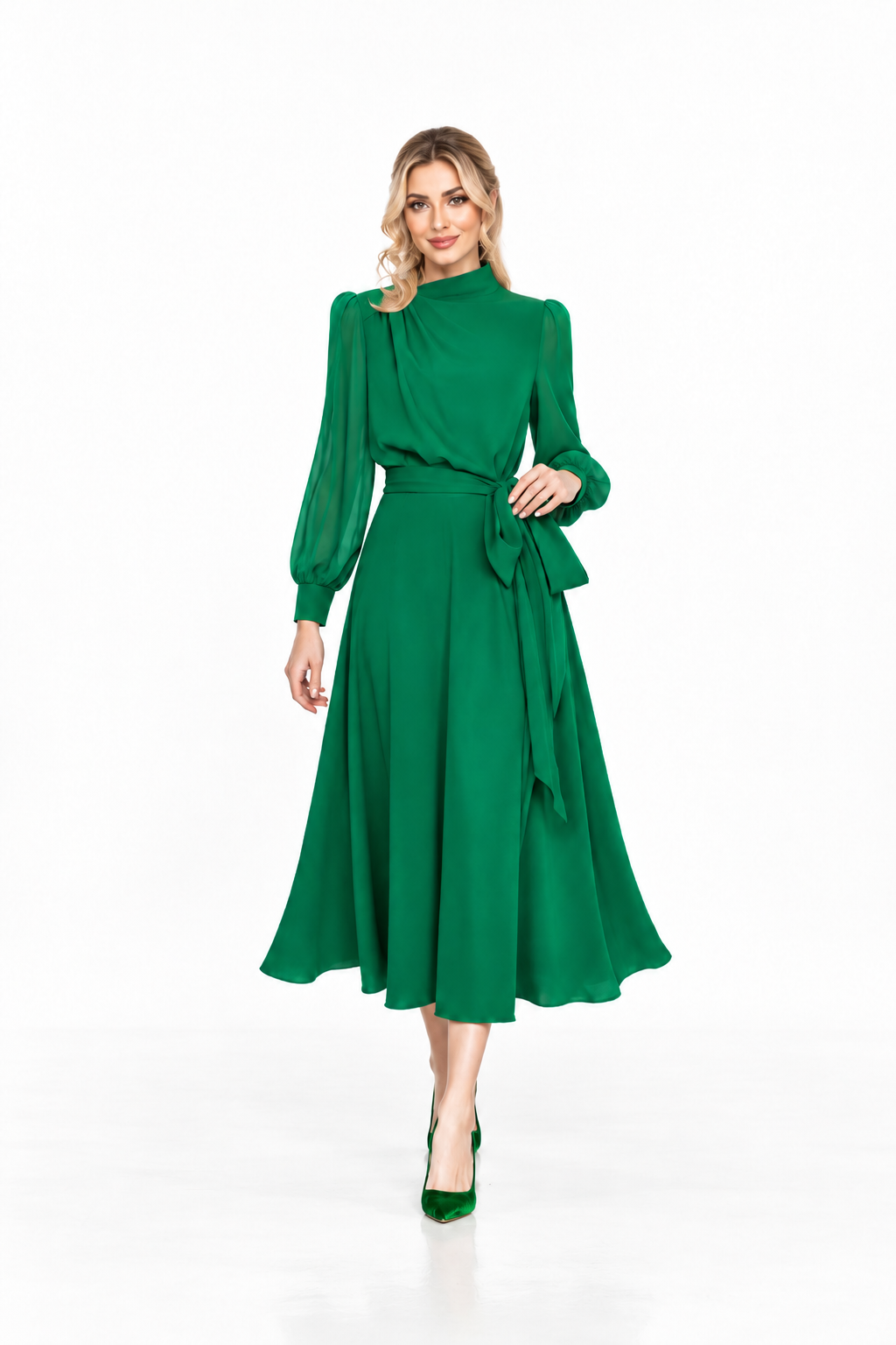 High-Neck Belted Midi Dress - Emeraldine