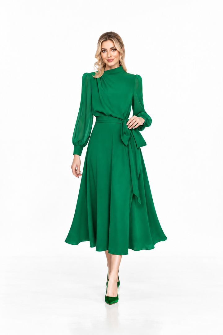 High-Neck Belted Midi Dress - Emeraldine