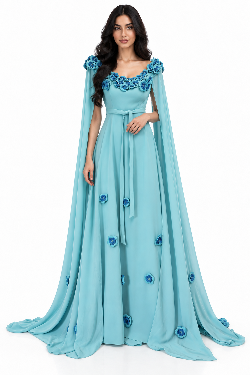 Aqua Floral Cape Maxi Dress - Seraphina
