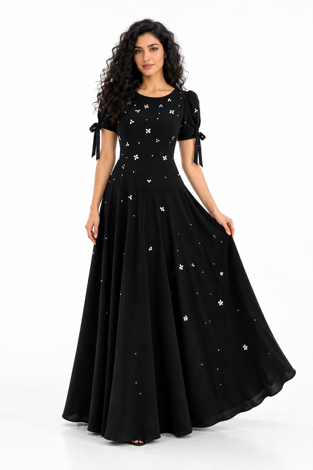 Embellished Bow Sleeve A-Line Evening Dress - Starlisse