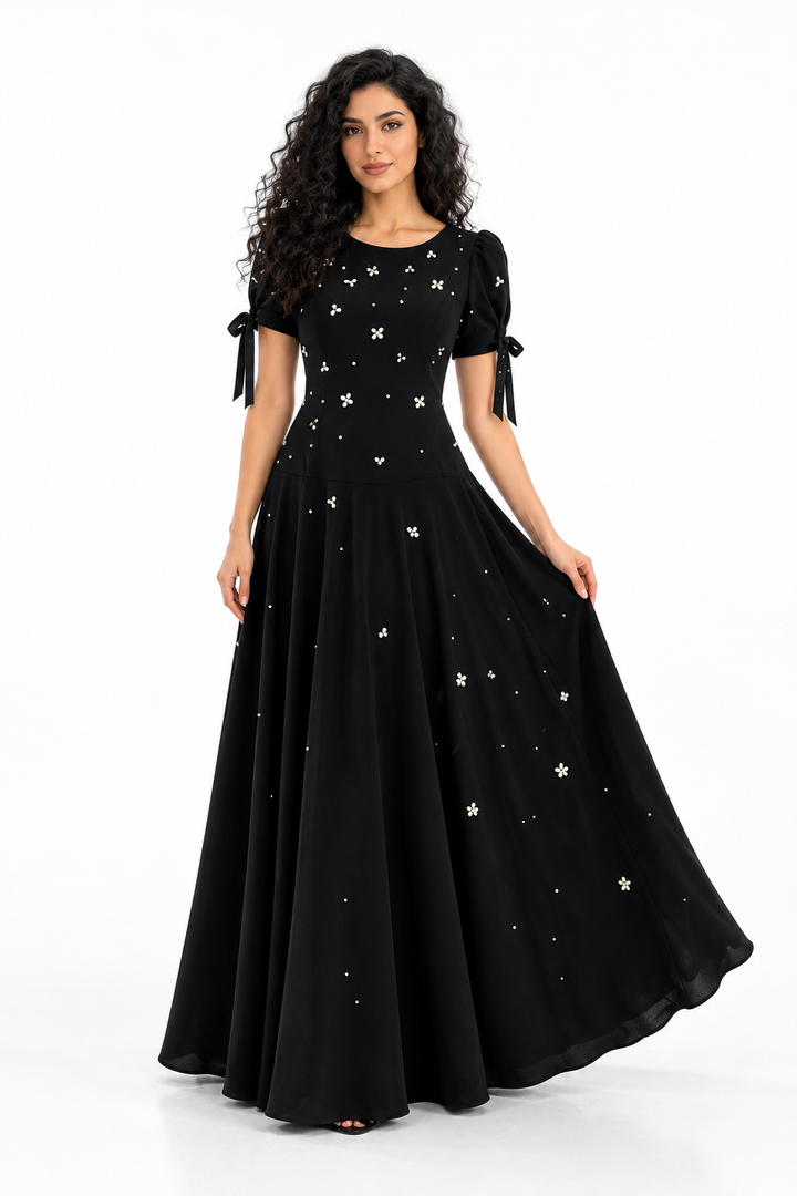Embellished Bow Sleeve A-Line Evening Dress - Starlisse