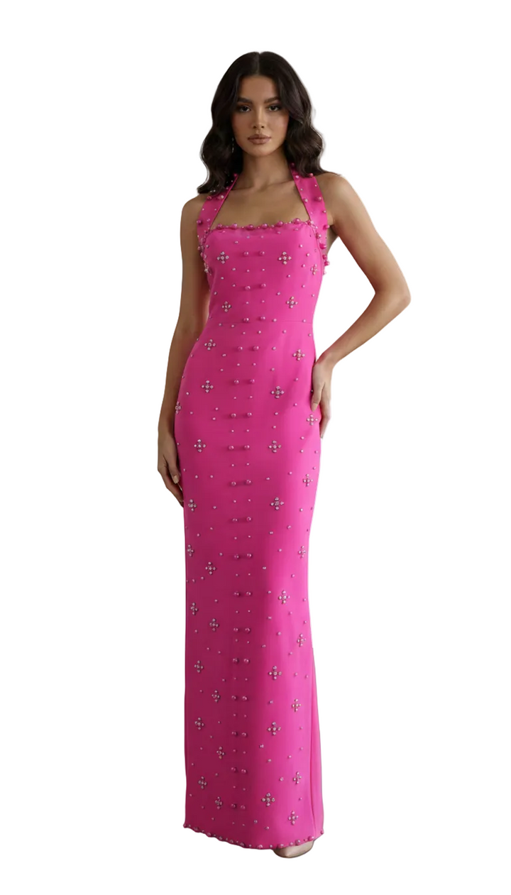 halter column dress with crystal stud detailing – FUCHSIA