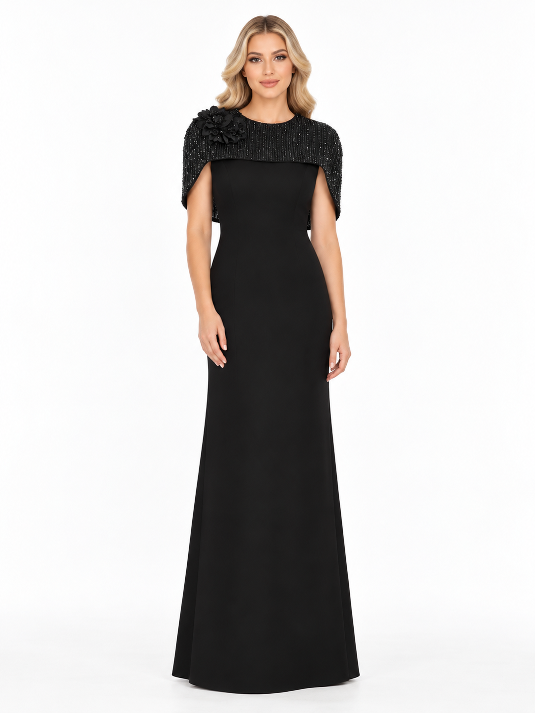Embellished Cape Shoulder Column Maxi Dress – Lucienne