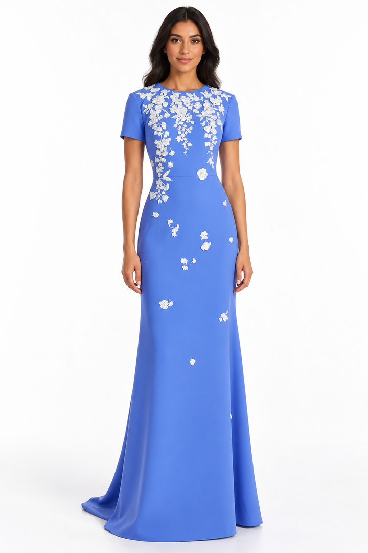 Floral Embellished Short Sleeve Column Maxi Dress – Azurielle
