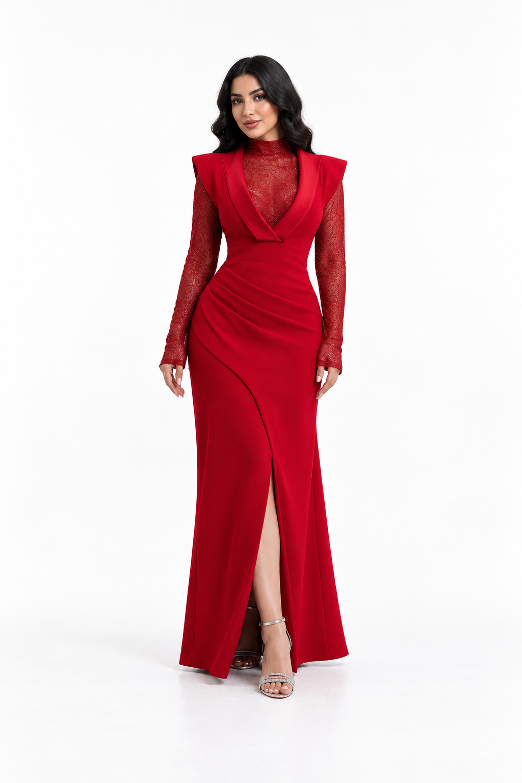 Lace High Neck Slit - Scarlet