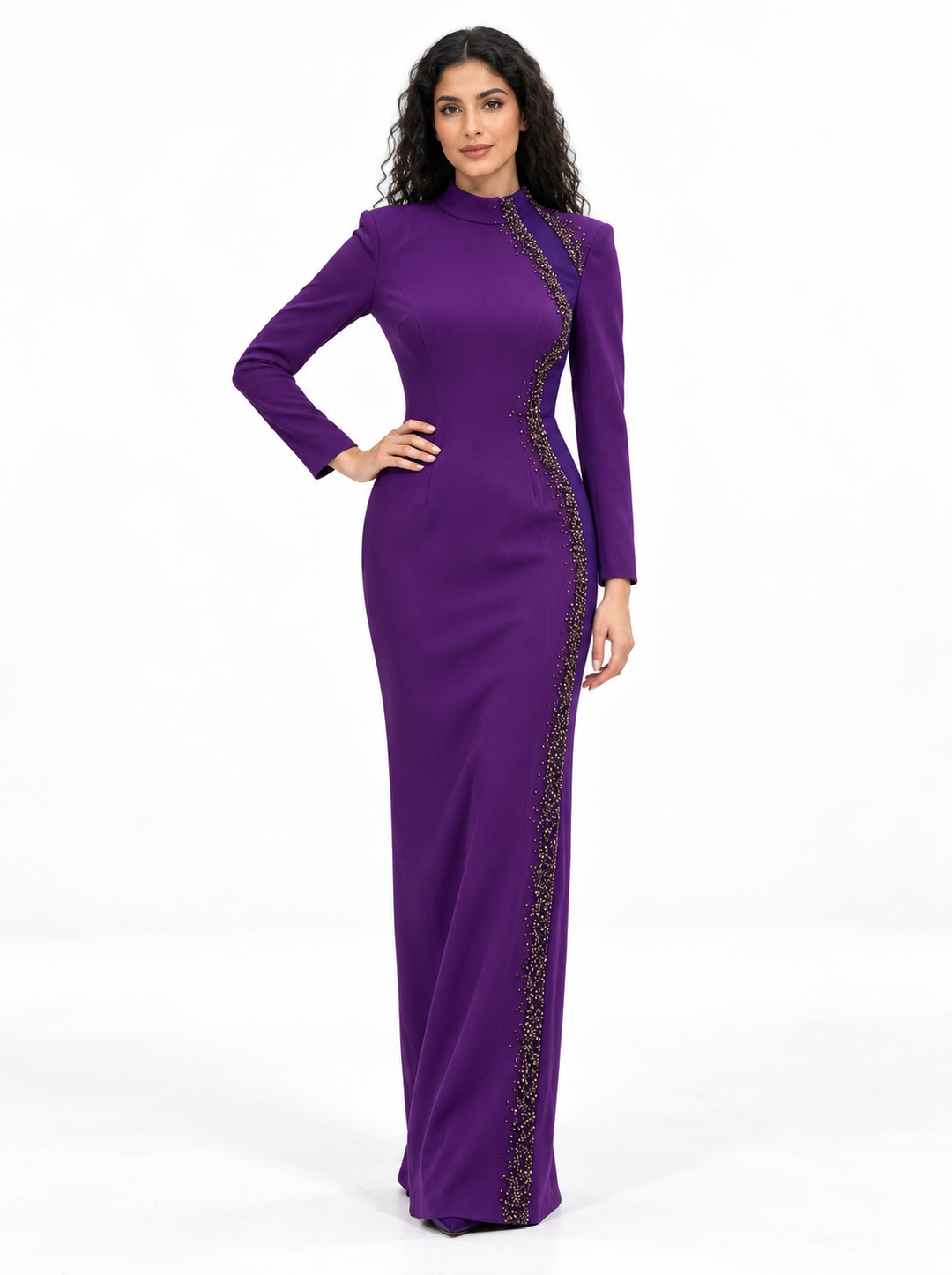 Crystal Trim High-Neck Evening Gown - Virelle
