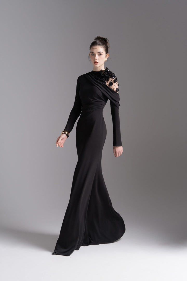 فستان مزين غير متماثل على الكتف – موسيقى ليلية