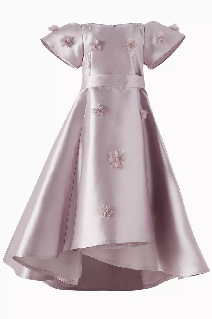 Satin High-Low Dress with 3D Floral Appliqué – LILAC
