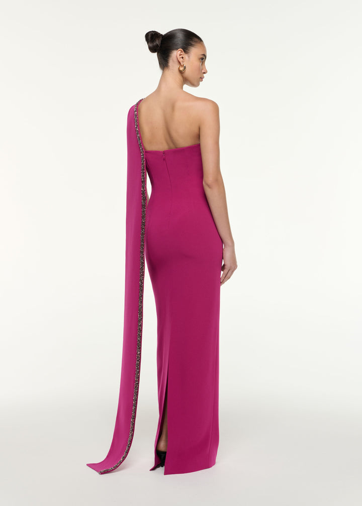 embellished one-shoulder gown with cascading drape – FUCHSIA ELYSIA