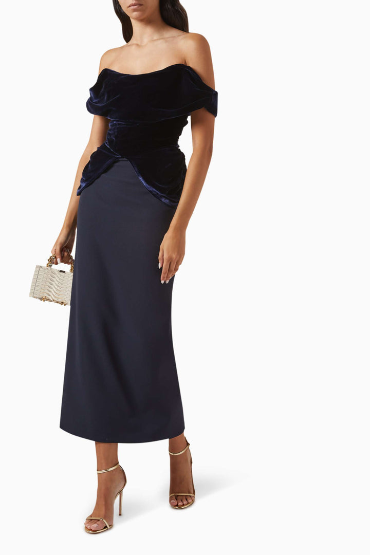 off-shoulder velvet bodice midi gown – MIDNIGHT