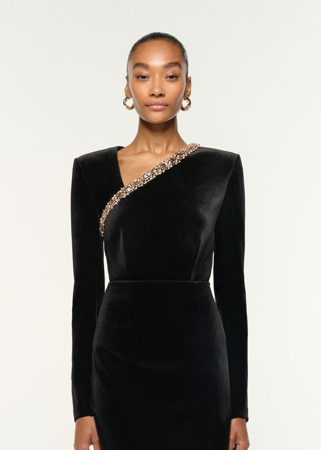 velvet midi dress with embellished asymmetric neckline – NOIRINE
