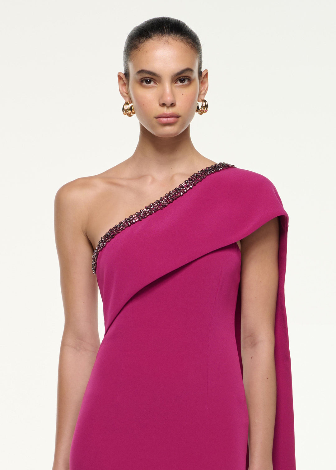 embellished one-shoulder gown with cascading drape – FUCHSIA ELYSIA