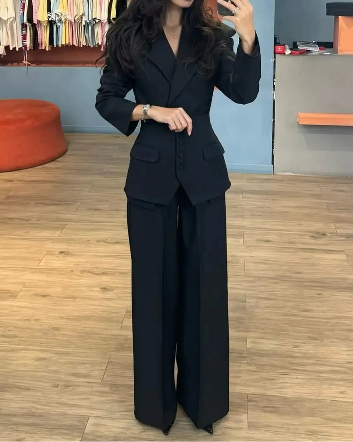 Plissiertes Oberteil mit ausgestellten Ärmeln und Maxirock-Set mit Taillengürtel – Rosiny 