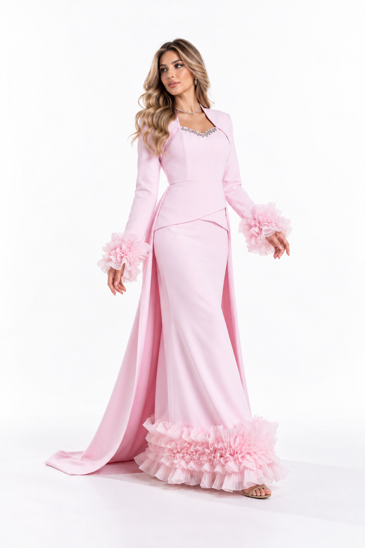 Crystal Neckline Floral Cuff Evening Gown - Reverie
