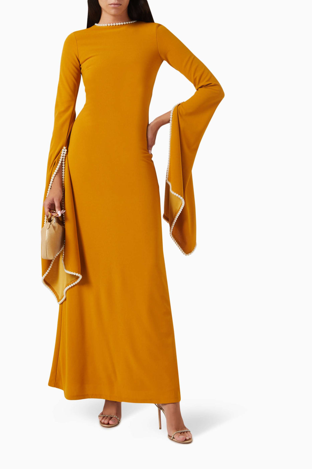 long-sleeve gown with pearl-trimmed flared cuffs – OPHELIA