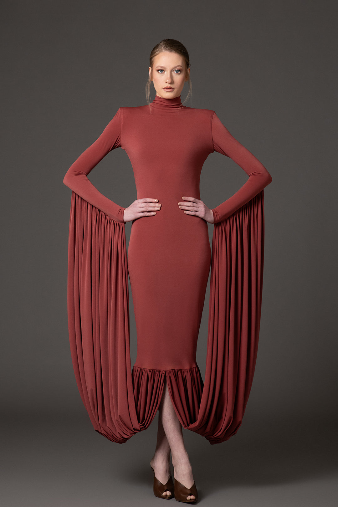 high-neck column gown with dramatic draped sleeves – OLIVIAE