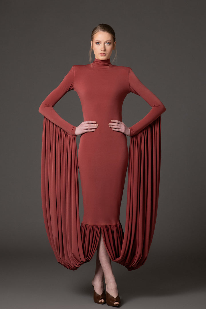 high-neck column gown with dramatic draped sleeves – OLIVIAE