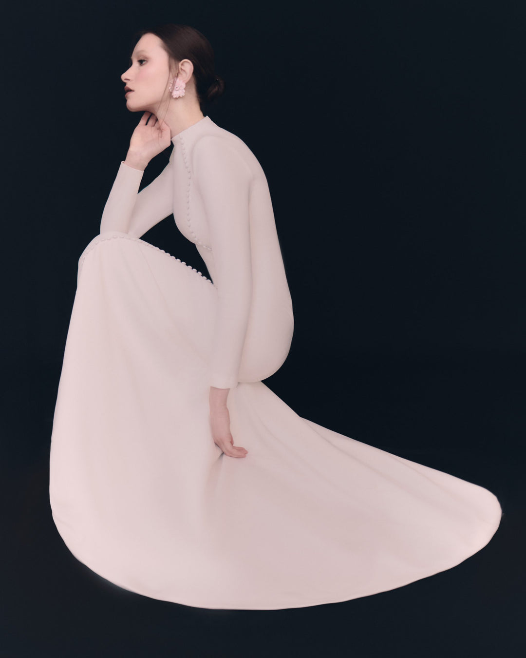 long-sleeve crepe gown with asymmetrical button line – ELIORA