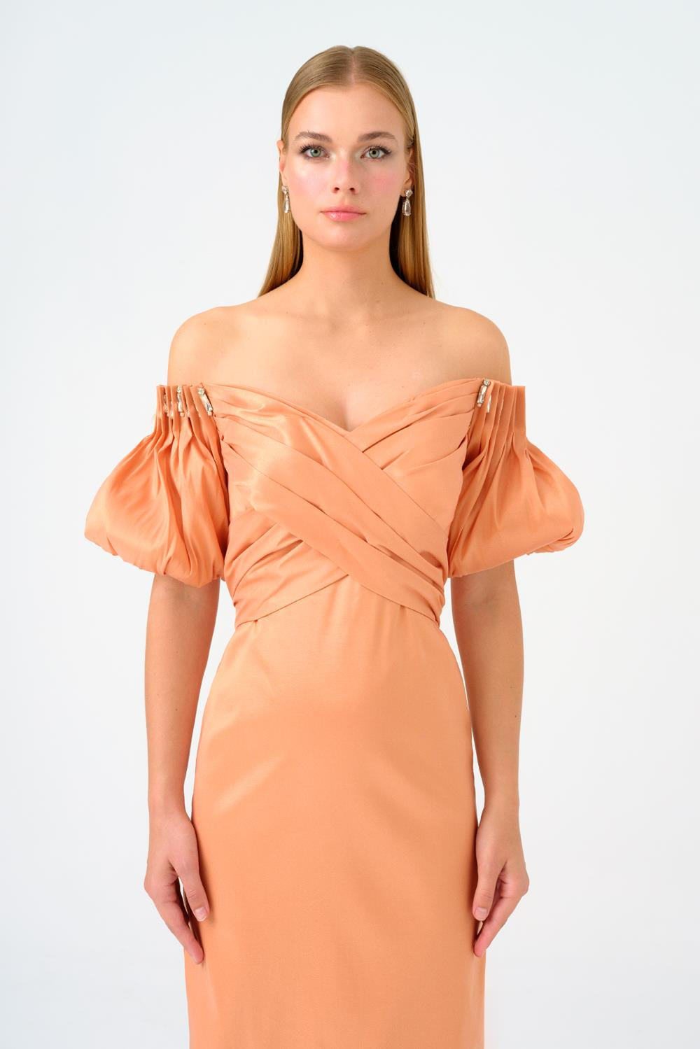 off-shoulder satin gown with puff sleeves – AURELIA