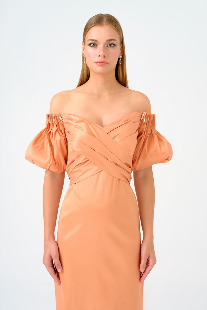 off-shoulder satin gown with puff sleeves – AURELIA