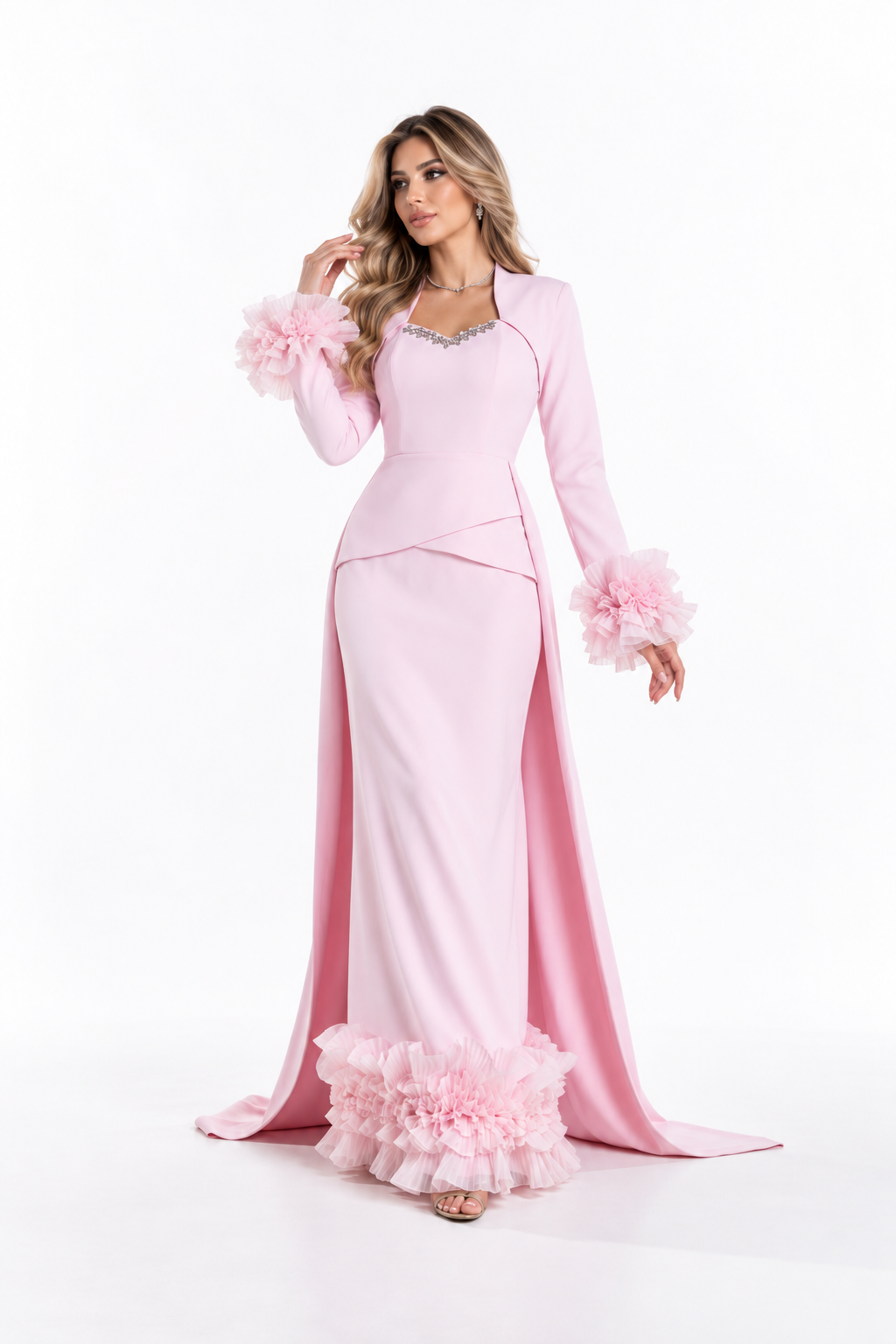 Crystal Neckline Floral Cuff Evening Gown - Reverie