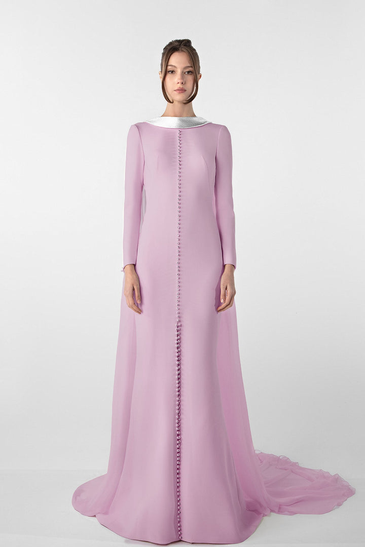 long-sleeve column gown with pearl button front – AURELIA