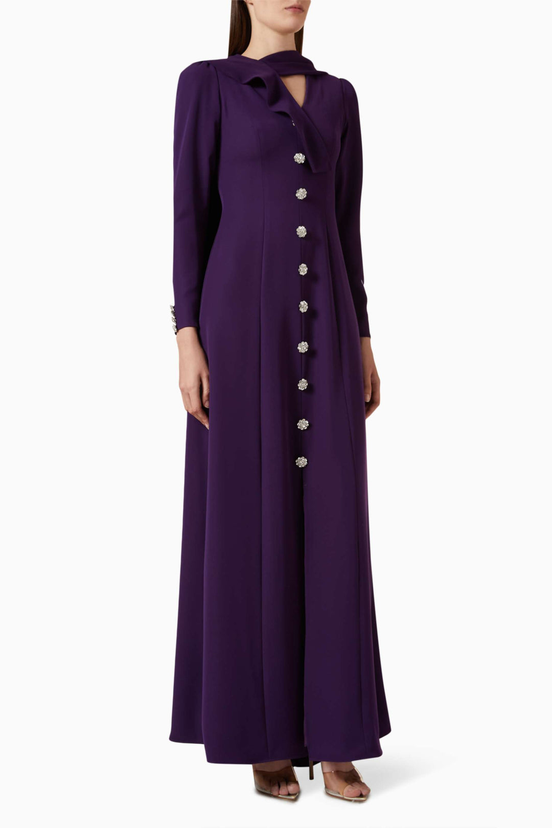 draped neckline gown with jeweled buttons – IVORY