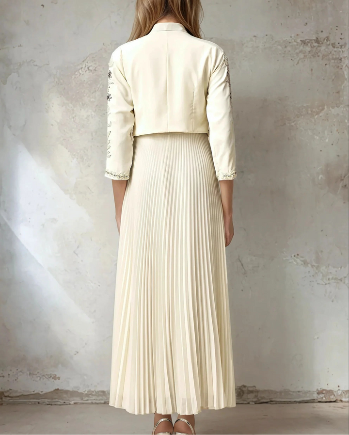 Haut à manches évasées plissées et ensemble jupe longue avec ceinture à la taille – Rosiny 