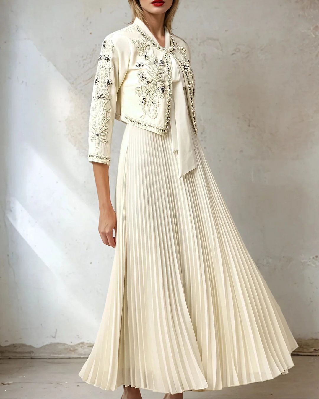 Haut à manches évasées plissées et ensemble jupe longue avec ceinture à la taille – Rosiny 