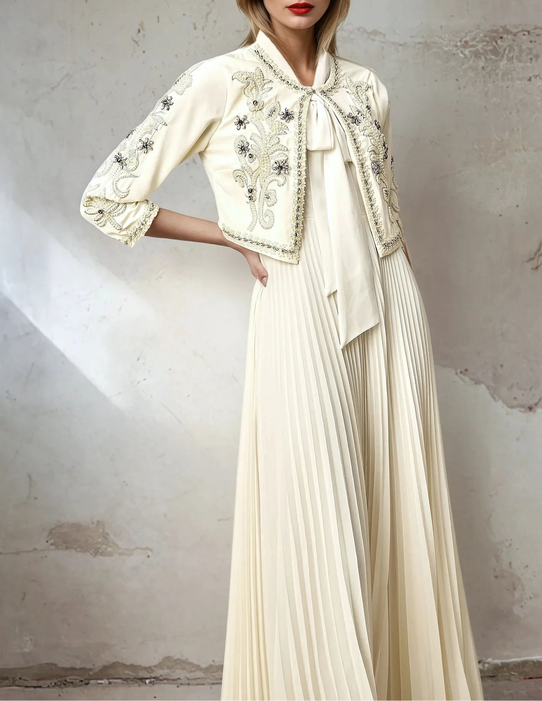 Haut à manches évasées plissées et ensemble jupe longue avec ceinture à la taille – Rosiny 