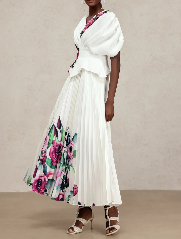 puff sleeve pleated gown with floral appliqué – ROSABELLEZ