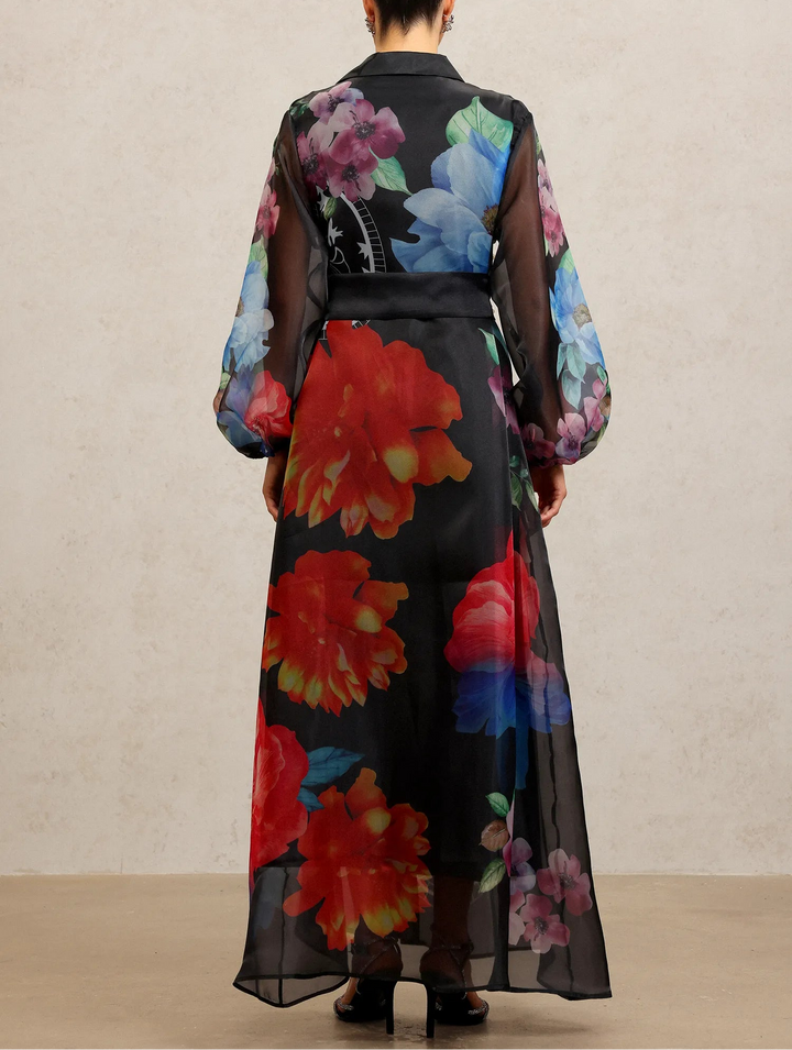 褶皱喇叭袖上衣和高腰裙套装，配腰带 – Rosiny 