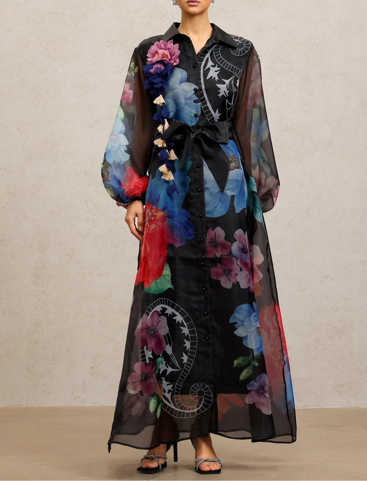 褶皱喇叭袖上衣和高腰裙套装，配腰带 – Rosiny 