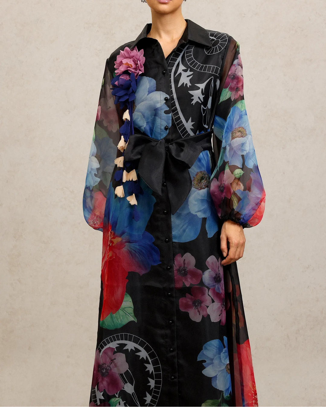 褶皱喇叭袖上衣和高腰裙套装，配腰带 – Rosiny 