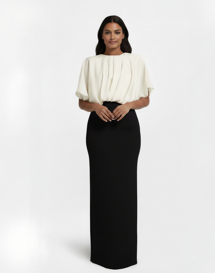 two-tone column gown with pleated blouson top – OPHELIA-1